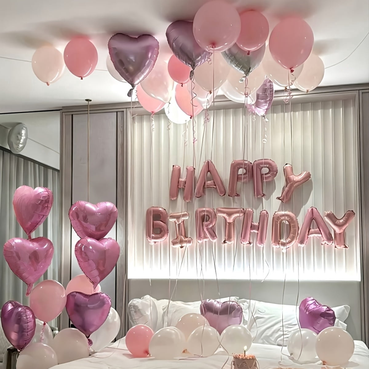 53pcs Pink and White Birthday Balloon Set - Pink Heart-Shaped Latex Balloons with "Happy Birthday" Letter Balloons,Aluminum Film Balloons for Birthday Parties