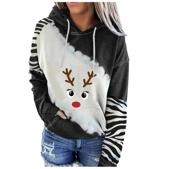 Fesfesfes Women Hooded Hoodie Printing Loose Color Matching Casual Christmas Long Sleeve Tops Clearance