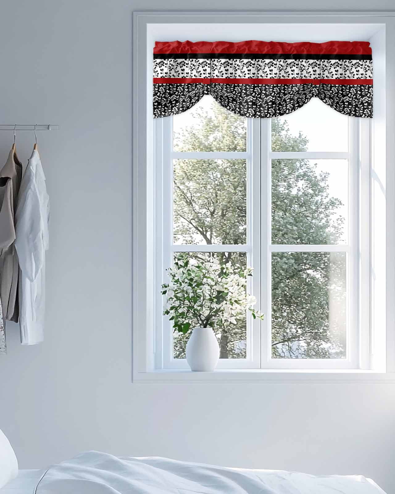Abstract Red Tie Up Valances Curtain, Adjustable Kitchen Black Stripes Floral Plant Modern Vintage Valances for Windows Decor, Rod Pocket Short Curtains Set for Bedroom/Bathroom, 54"x18"