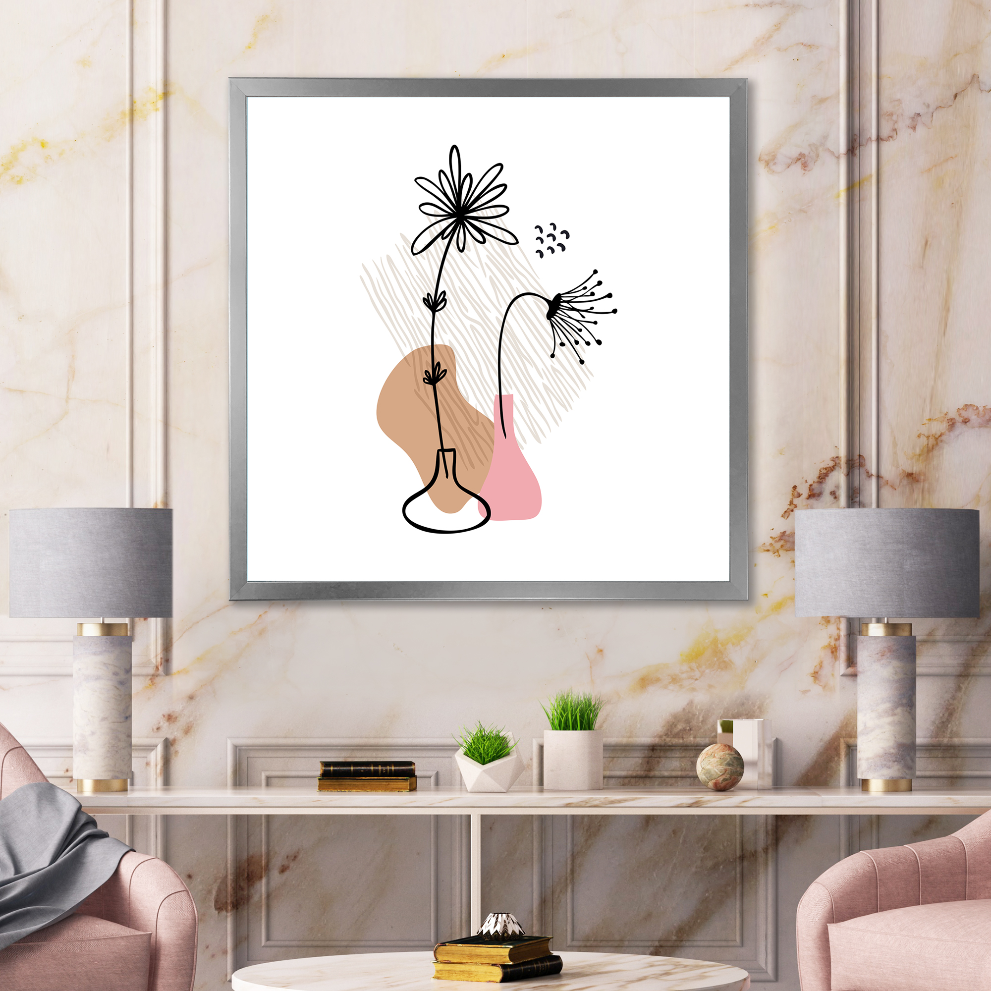 Designart 'Abstract Minimal Shapes Under Flowers III' Modern Framed Art Print