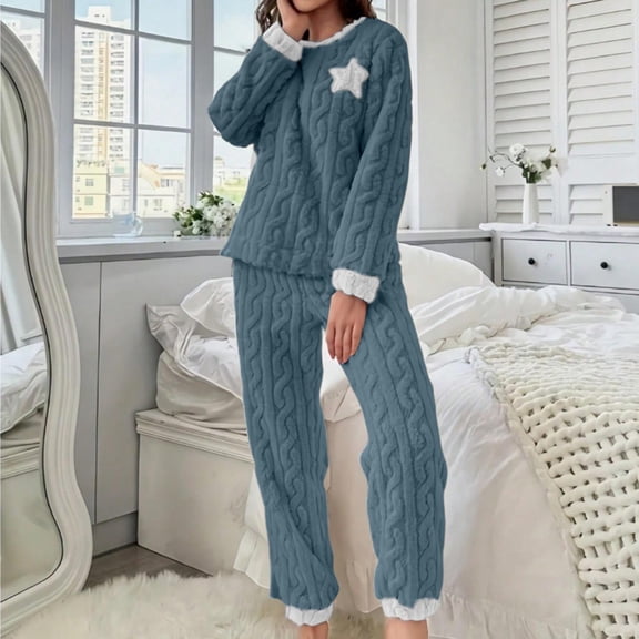 LEKWK Pajamas for Women Set Thickened Fleece Long Sleeve Crewneck Top and Pants Fuzzy 2 Piece Loungewear Winter Warm Home Sleepwear