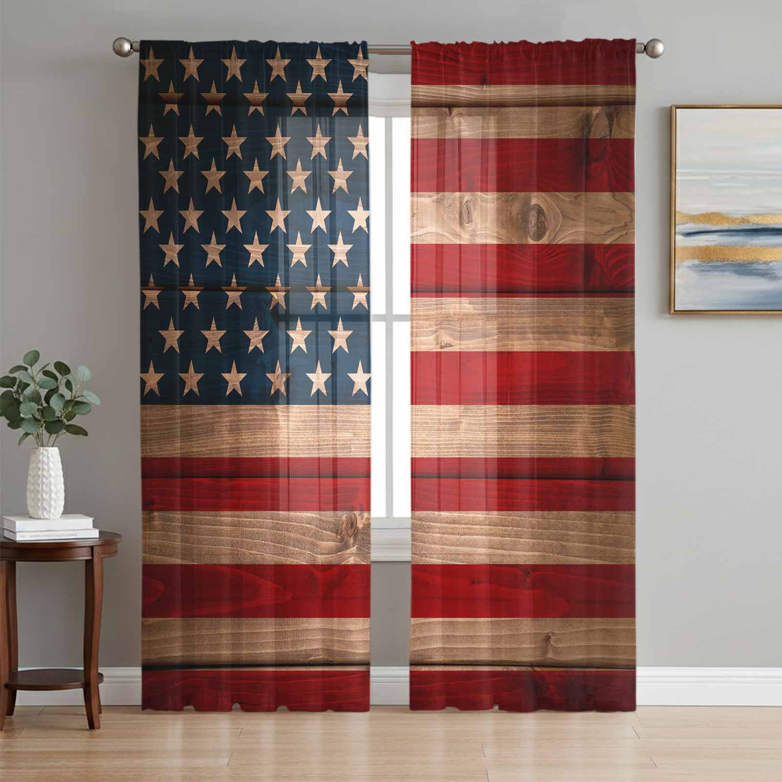 American Flag Semi Sheer Curtains 96 Inch Length 2 Panels Set Blue Red USA Flag Vintage Wooden Sheer Kitchen Curtain Privacy Voile Window Curtain for Living Room Bedroom Rod Pocket Drapes