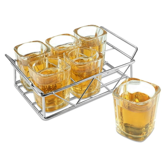 LELE LIFE 6Pcs Shot Glasses with Stainless Steel Shot Glass Holder, 2oz Square Funny Shot Glass Set Tequila Glasses, Cool Tequila Gifts for Men, Easy to Carry without Spilling
