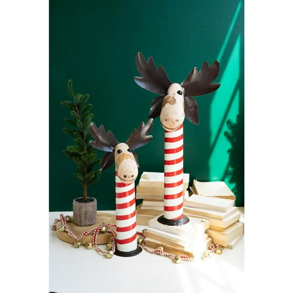 Kalalou Inc Set 2 Recycled Iron Moose W Red & Whte Painted Wood Bases