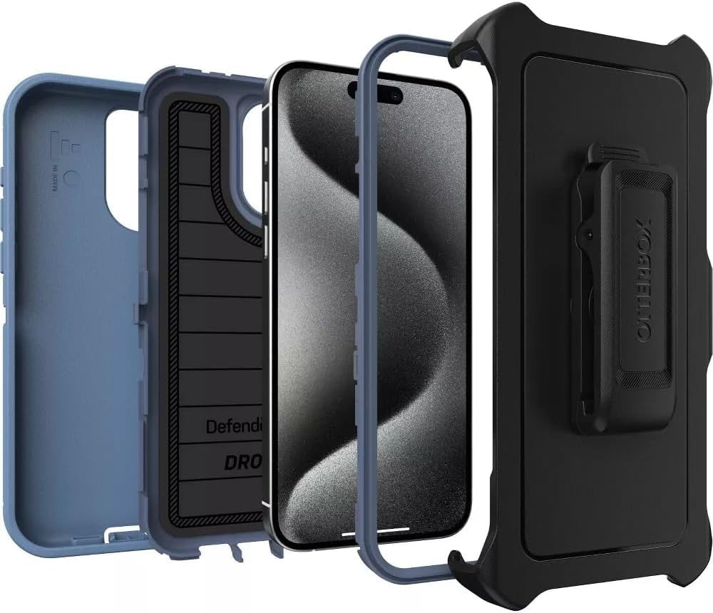 OtterBox iPhone 15 Pro Max (Only) - Defender Series Pro Case - Baby Blue Jeans (Blue) - Screenless - Rugged & Durable - with Port Protection - Holster Clip Includes