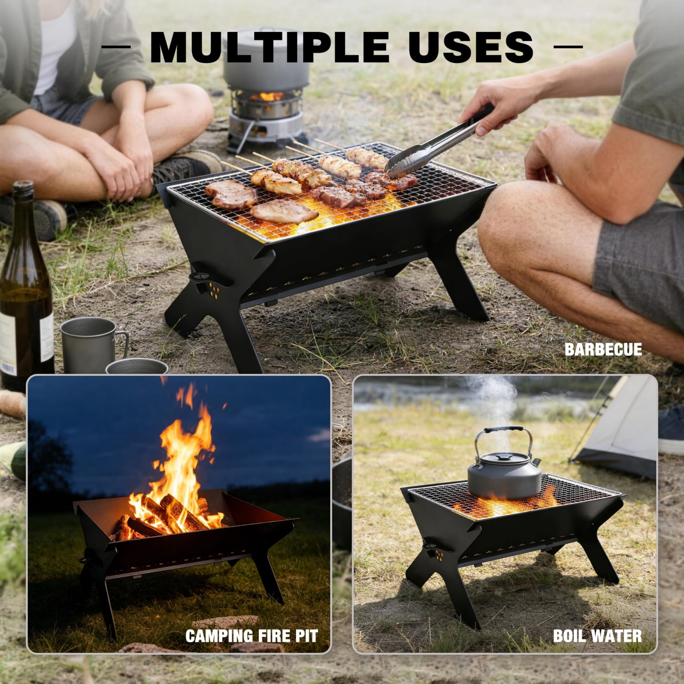 REDCAMP Portable Charcoal Grill, Large Folding Stainless Steel Fire Pit Grill with Carry Bag, Heavy Duty Campfire Grill for Outdoor Camping BBQ Cooking, Black