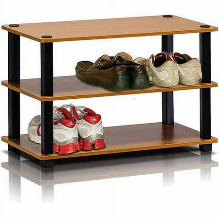 Furinno 3-Tier Turn-S-Tube No-tools Durable Shoe Rack, Plastic and Wood, Brown and Black