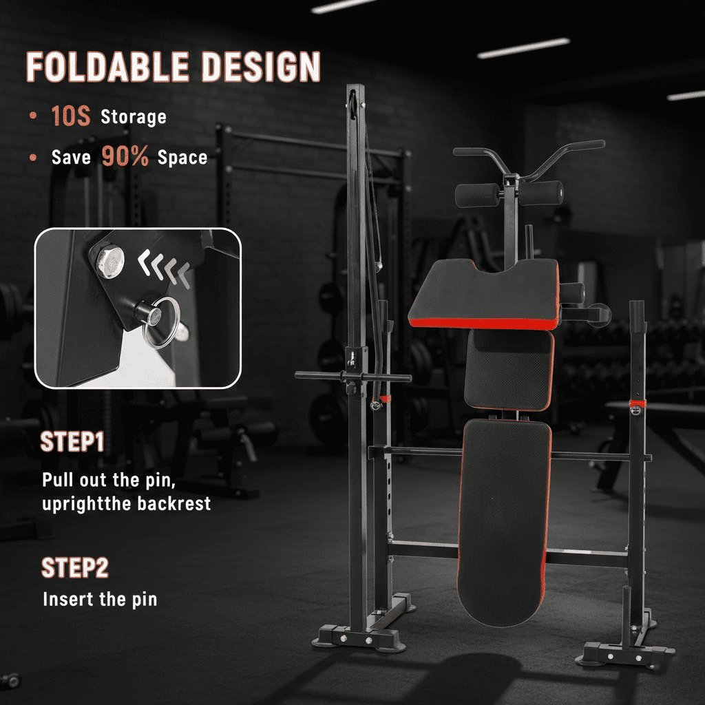 PUATUL 1500LB 8 IN 1 Olympic Weight Bench with Lat Pulldown Attachment and Leg Extension/Curl, Foldable Incline Bench Press with Preacher Curl & Barbell Squat Rack,  Workout Bench for Home Gym