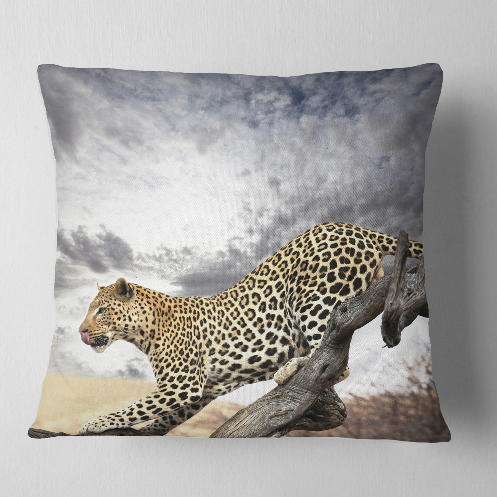 Designart Leopard Taking Rest on Tree Trunks - African Throw Pillow - 16x16