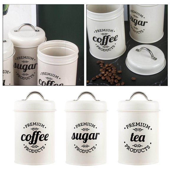 tredstone Kitchen Food Storage Canister Set 3 Pcs Coffee Tea Sugar Tins White