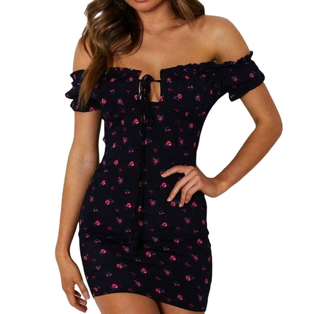 SAYOO Mini vestido de club de manga corta con hombros descubiertos para mujer SAYOO Sexy