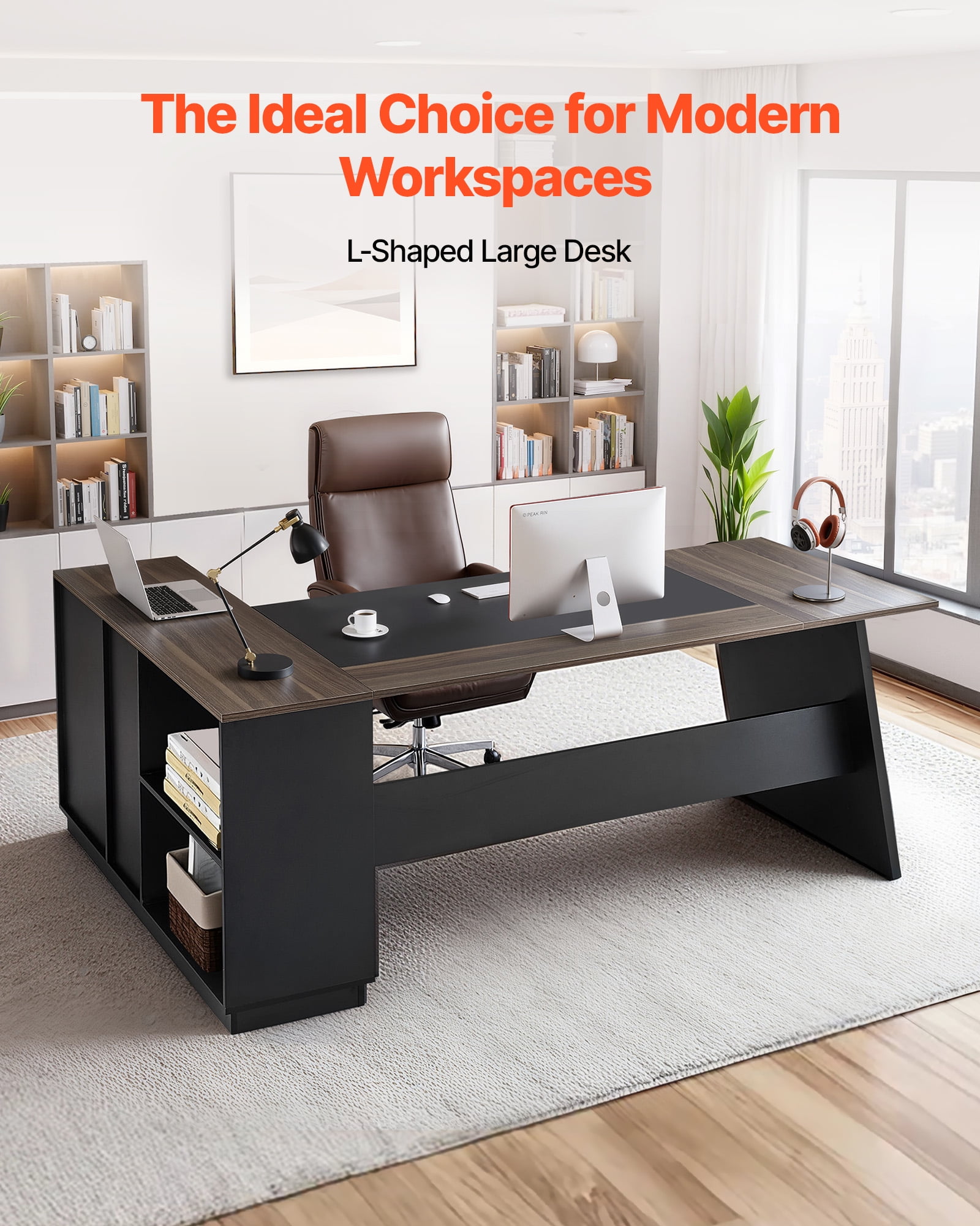 VEVOR L-Shaped Executive Desk, Large Modern Office Table with Drawers and Storage Cabinet, Heavy Duty Wooden Executive Table, 350 LBS Load Capacity, Easy Assembly, for Work Study Writing, Brown+Black