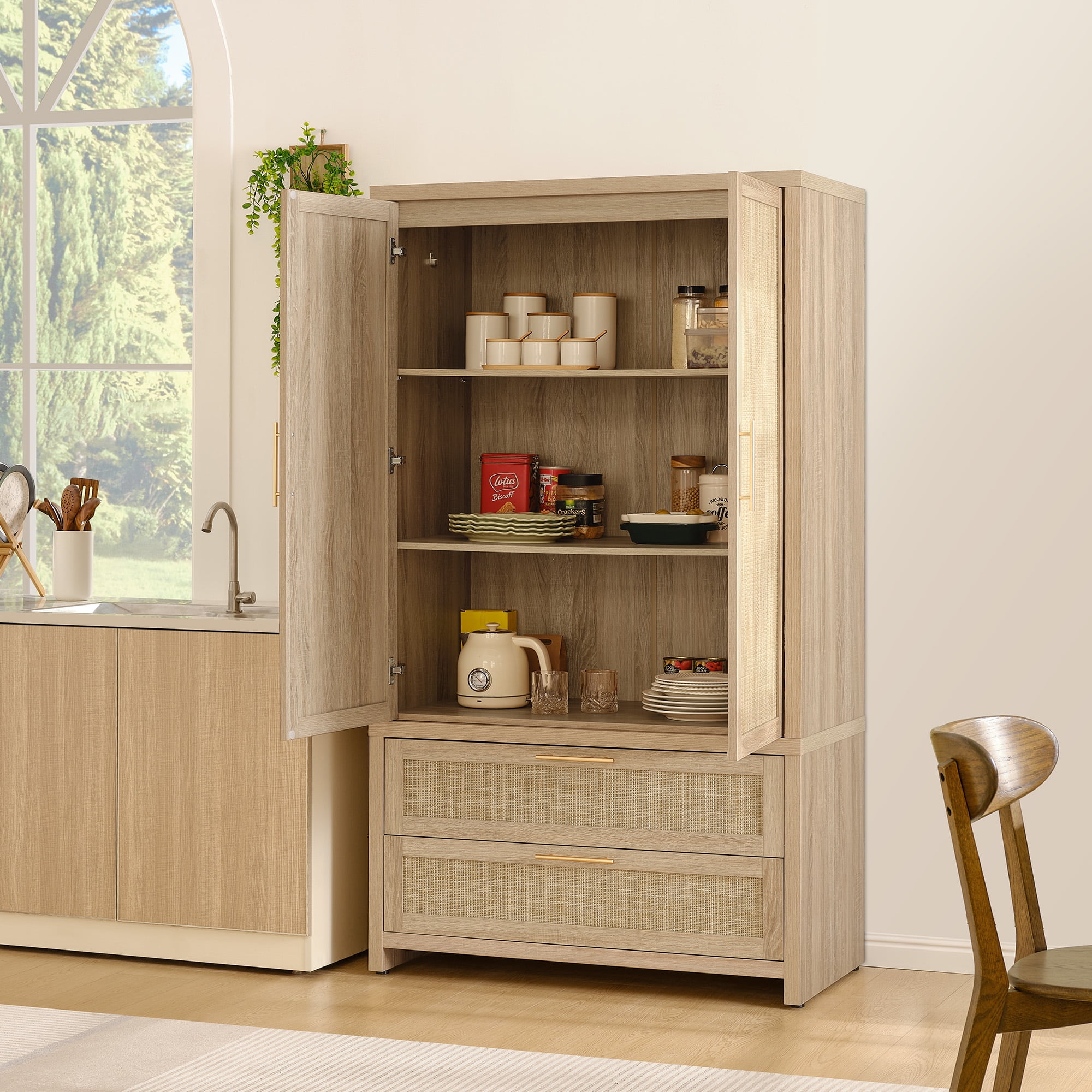 SICOTAS 71"H Boho Armoire Wardrobe Closet Set of 2- Rattan Storage Wardrobe with Adjustable Shelf and 2 Doors, Freestanding Wooden Closet Armoires with 2 Large Drawers,Reclaimed Light Oak