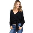 thumbnail image 4 of Love Tree Women's Juniors Ribbed Long Sleeve Surplice Knot Top (Black, S), 4 of 4