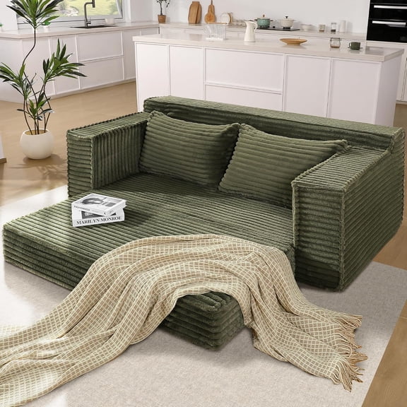75" Convertible Sofa Bed, Boneless Couch Bed with 2 Pillow, Folding Pull Out Couch, Loveseat Sleeper Sofa, Futon Couch for Living Room Bedroom, No Assembly, Green