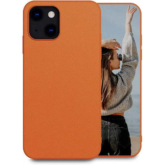 Compatible with iPhone 13 Case 6.1 inch Slim Thin Luxury Soft Vegan Leather Non-Slip Matte Grip Flexible Shockproof Cases Anti-Fingerprint, Anti-Scratch Protective Cover (2021), Orange