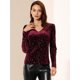 thumbnail image 2 of Blusa De Manga Larga Con Cuello En V De Terciopelo Para Mujer, Blusa Con Estrellas Brillantes Metálicas Doradas Vino rojo M, 2 of 6