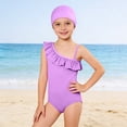 thumbnail image 2 of Wdgfv Toddler Girl One Piece Swimsuit with Matching Cap Color Block with Ruffled Sleeve Straps Swimwear Bathing Suit Purple 7-8 Years, 2 of 4