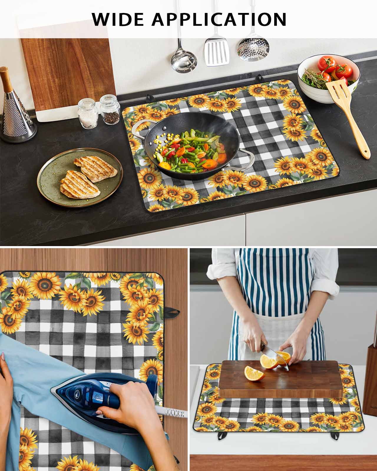 Large Induction Cooktop Protector Mat Sunflowers Stove Top Covers for Electric Stove, Farmhouse Summer Floral Black White Plaid Decorative Stove Burner Cover Mats, Glass Top Stove Cover