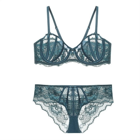 See Through Lace Bras for Women Underwire Embroidered Mesh Sheer Lingerie Full Coverage Push Up Panty Bra Green 1 S