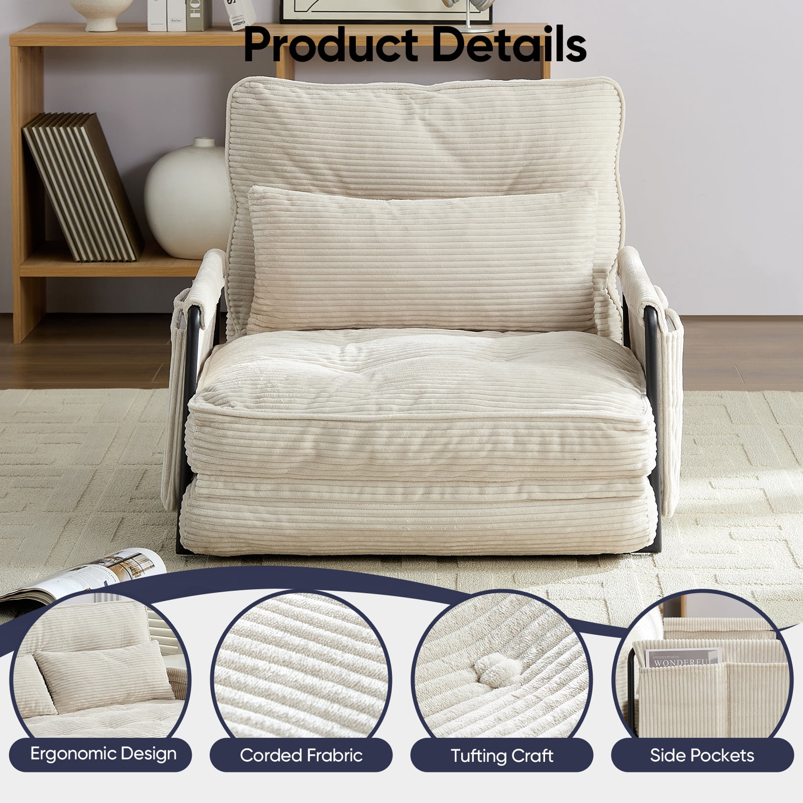 BALUS Futon Folding Sofa Bed, 4-in-1 Floor Couch with Foldable Mattress, Convertible sofa beds for Living Room, Corduroy, Beige