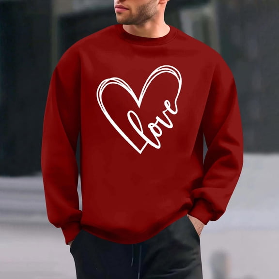 Sweatshirts for Men Hearted-Printed Graphic Crew Neck Long Sleeve Pullover Fall Tops Red XL