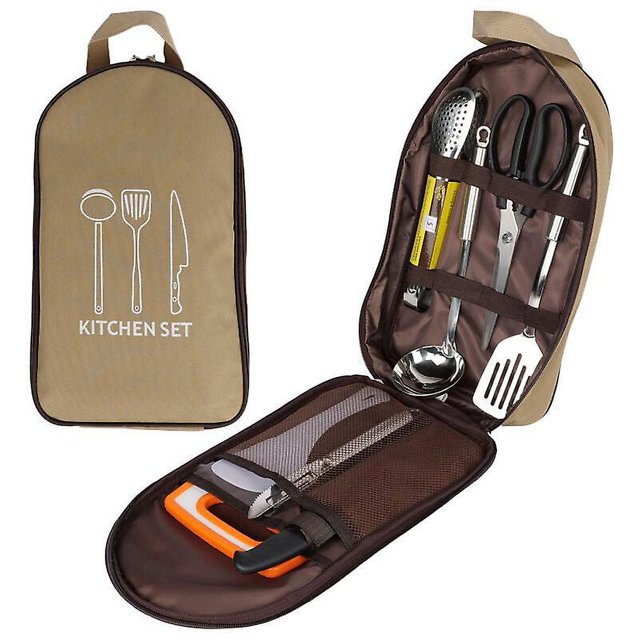 Ensemble de Cuisson Huit Pièces. Ustensiles de Cuisine d'Extérieur. Sac de Rangement en Acier Inoxydable Portable 201. beige