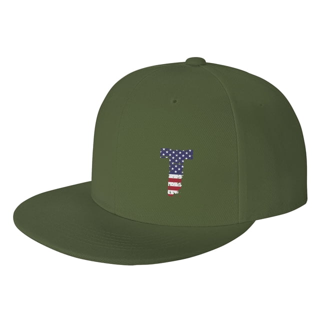 DouZhe Flat Brim Cap Snapback Hat, Alphabet T America Usa Flag Prints Adjustable Green Adult Baseball Cap