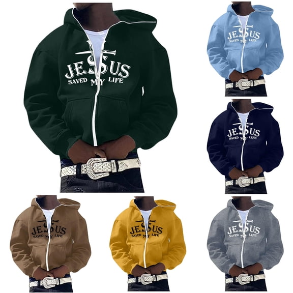 Mens Zip Up Hoodie Cross Graphic Print Hooded Sweatshirt Full Zip Casual Jacket Streetwear