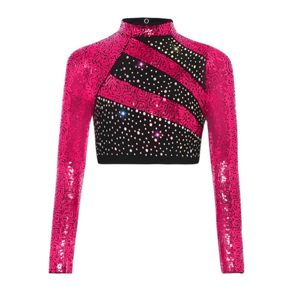 Miutii Kids Girls Sparkly Sequin Crop Top Long Sleeve Backless Rhinestone Shirt for Hip Hop Jazz Dance Performance Hot Pink 10