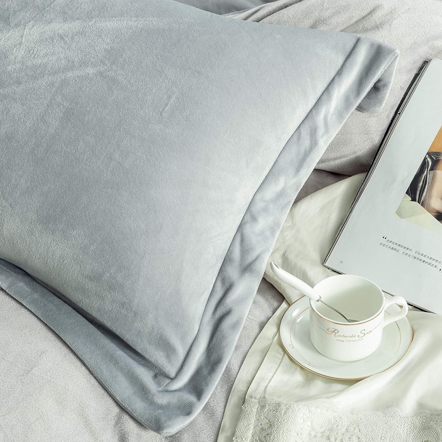 NTBAY 3 Piece Velvet Twin Duvet Cover Set with Zipper Closure and Corner Tie, Ultra Soft and Luxury Comforter Cover Set, 68"x90", Light Gray