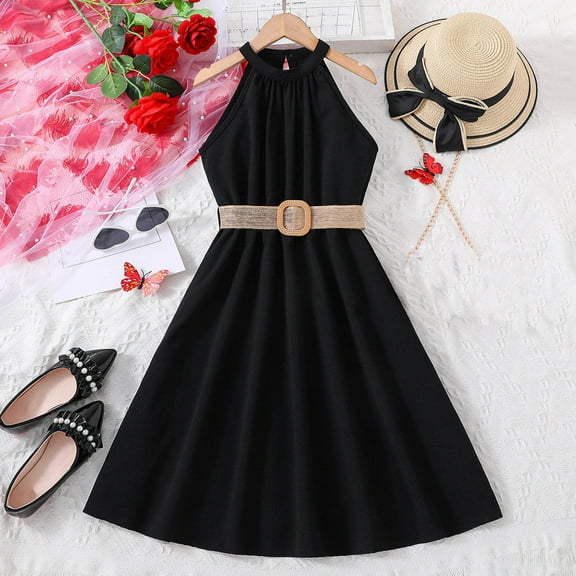 ZHOGXU Children Girls Summer Dress Sleeveless Halter Neck Solid Color Comfortable Fashion Dresses For Formal Occasions And Party Wear,Black,11-12 Years