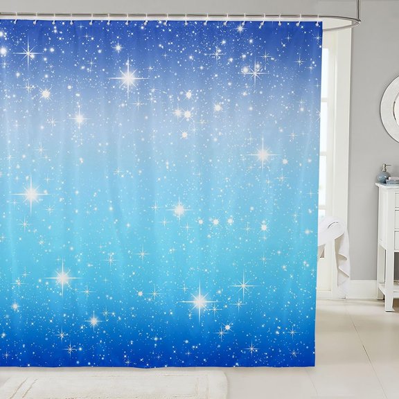 Blue Starry Night Shower Curtain Glitter Galaxy Sparkle Stars Fabric Bathroom Curtain with Hooks 71x71 Inches