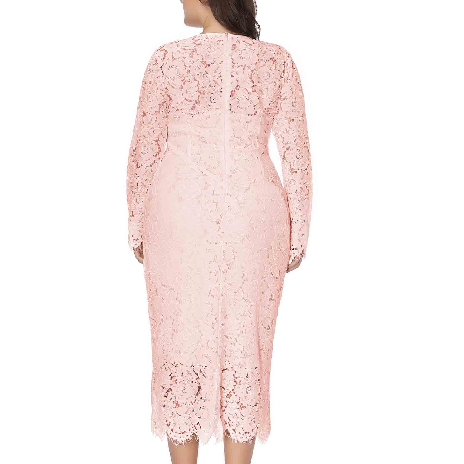 SCSAlgin Evening Dress for Women Lace Long Sleeve Plus Size Dress Solid Color Slim Fit Hollow Out Midi Dresses