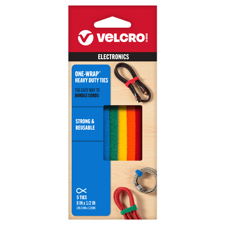 VELCRO Brand ONE-WRAP Cable Ties 5Pk 8 x 1/2" Straps, Multicolor Quickly Organize Arts and Crafts, Wires and Cords Keep Supplies Organized in Home, Shed or Garage
