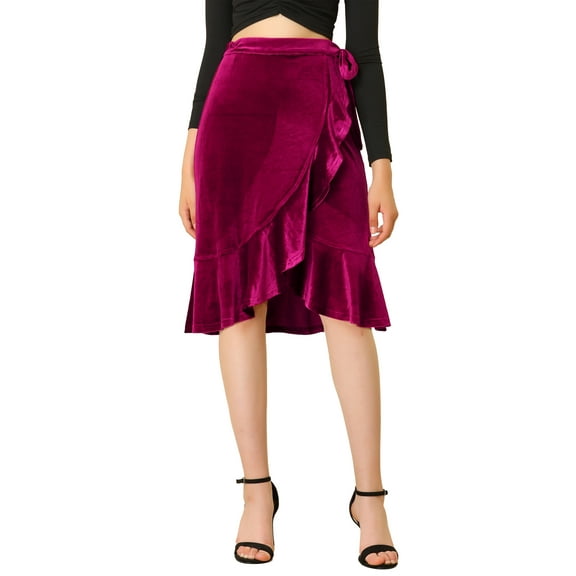 Allegra K Women's Split Ruffle Trim Tie Velvet Knee Length Wrap Asymmetrical Skirt