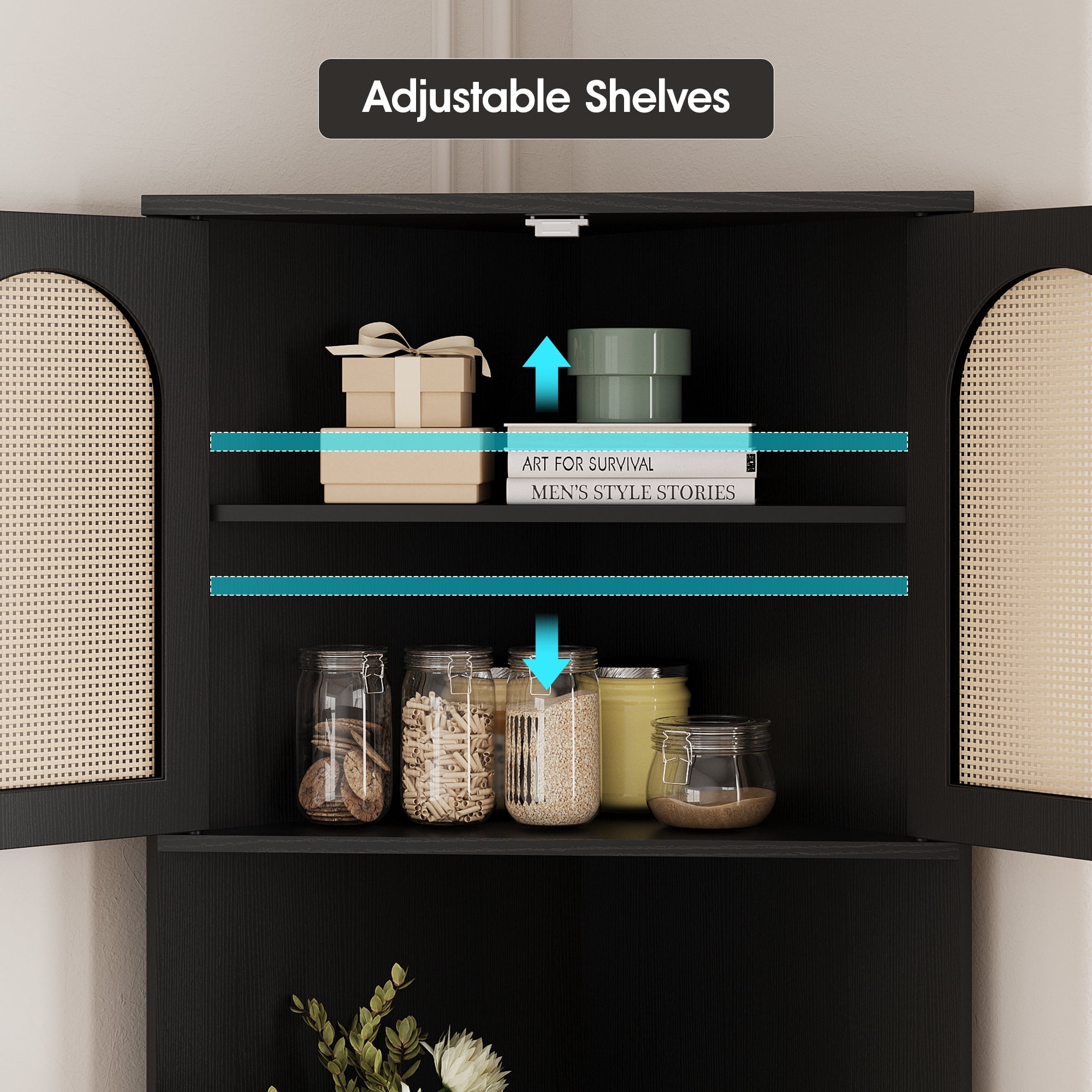 VEANERWOOD Rattan 67" Tall Corner Storage Cabinet, Corner Shelf Stand Storage Rack for Living Room, Home Office, Kitchen, Small Space,Black