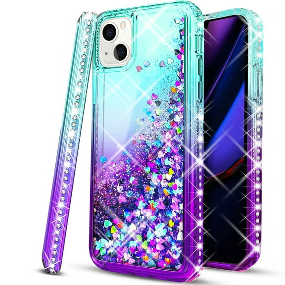 iPhone 13 Case, [Not Fit for iPhone 13 Mini/Pro/Pro Max], with [Tempered Glass Protector] Liquid Floating Glitter Quicksand Bling with Spot Diamond Cover - Teal/Purple