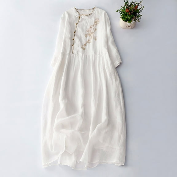 Spring Saving GaThRRgYP Summer Clearance Womens Dresses,Women's Standing Neck Embroidered Cotton and Dress Women's Literature Retro Flowing Long Dress