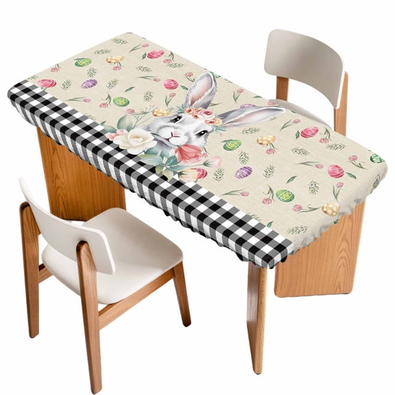 Easter Table Cloths for 6 Foot Rectangle Tables, Spring Farmhouse Retro Bunny Eggs Flower Black Plaid Patio Waterproof Elastic Fitted Tablecloths, Washable Rectangular Table Cover for Camping