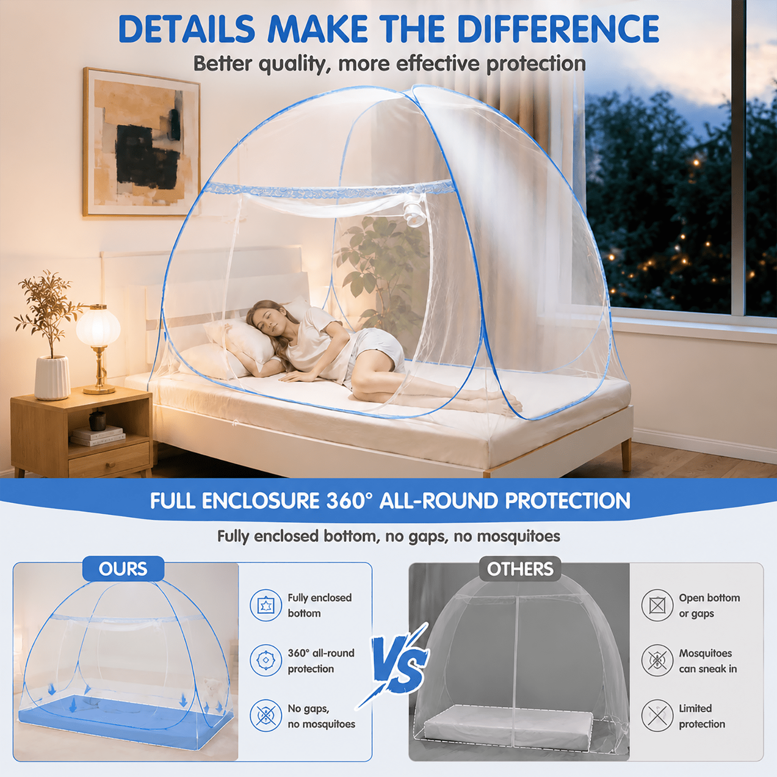 Leyeet Mosquito Net for Bed, Foldable Net Bed with Zipper Closure Design, Automatic Pop Up Mosquito Net, Portable Insect-Proof Mosquito Net Tent for Indoor, Outdoor Camping, Travel, Easy Installation