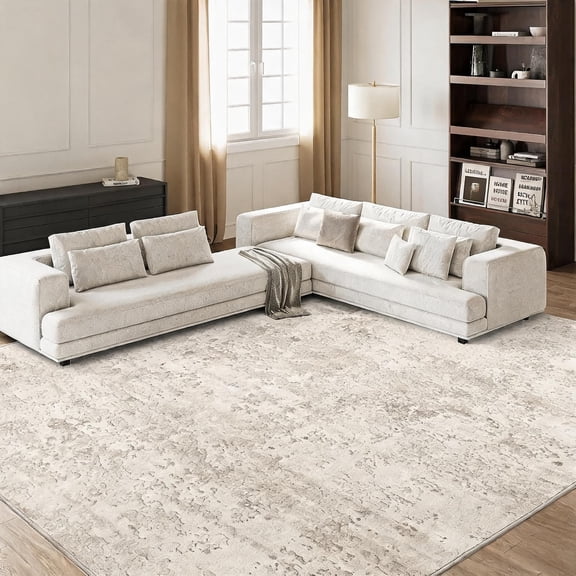 Washable Beige 8' x 10' Rectangular Area Rug Non-Slip Low Pile Stain Resistant Soft Modern Carpet