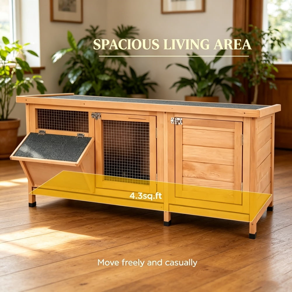 Outdoor 2-Room Fir Wood Rabbit Hutch, Weatherproof Asphalt Roof Small Animal Cage with Pull Out Trays, Predator Resistant Steel Wire Bunny House for Rabbits Guinea Pigs Backyard Patio Use