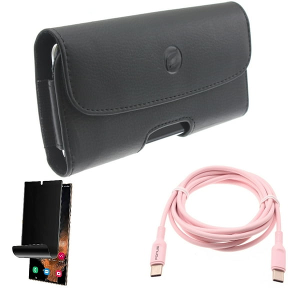 Privacy Screen Protector & Pink 6ft Long Cable & Case Belt Clip for Samsung Galaxy S22 Ultra (6.8") - Combo TPU Film (Fingerprint) Anti-Peep & USB-C to Type-C PD Fast Charger Cord & Leather Holster
