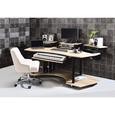 83-inch music production desk made of synthetic wood in natural oak finish with smooth casters for mobility