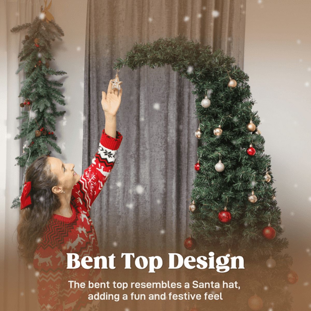 7FT Slim Pre-Lit Christmas Tree - Bent Santa Hat Top, Flame-Retardant Plastic, Metal Base, Indoor Use Only, Small Space Decor