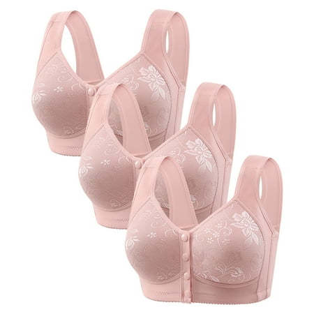 Gnurob 3 Pack Daisy Bras for Women No Underwire Bralette Front Closure Bra Comfort Senior Snap Closing Bralettes for Older Clearance Saving  06-Purple Large