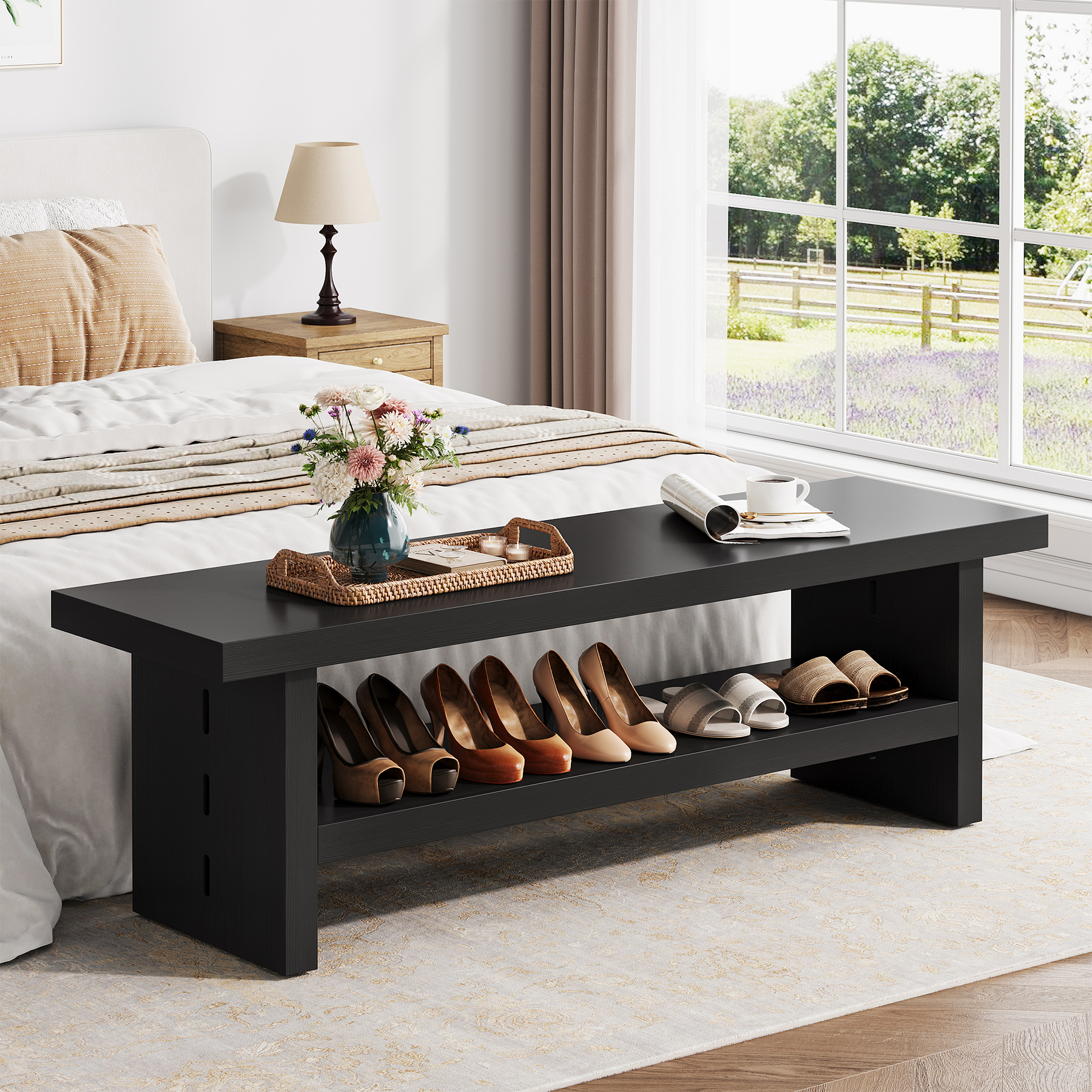 Condemo 2 Tier Entryway Bench, 47.24" Shoe Bench, Rustic Shoe Rack, Wooden Storage Bench for Entryway Hallway Living Room Bedroom, Easy Assembly, Black