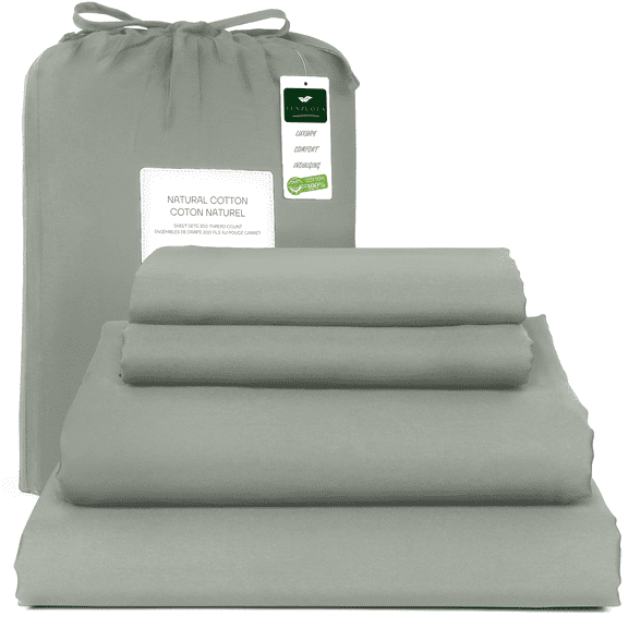 Lenzuola (Sage, Queen) 100% Natural Cotton 4 Piece Bed Sheets Set - Deep Pocket Sheets with Elastic All Around - Sateen Weave, Breathable & Cooling