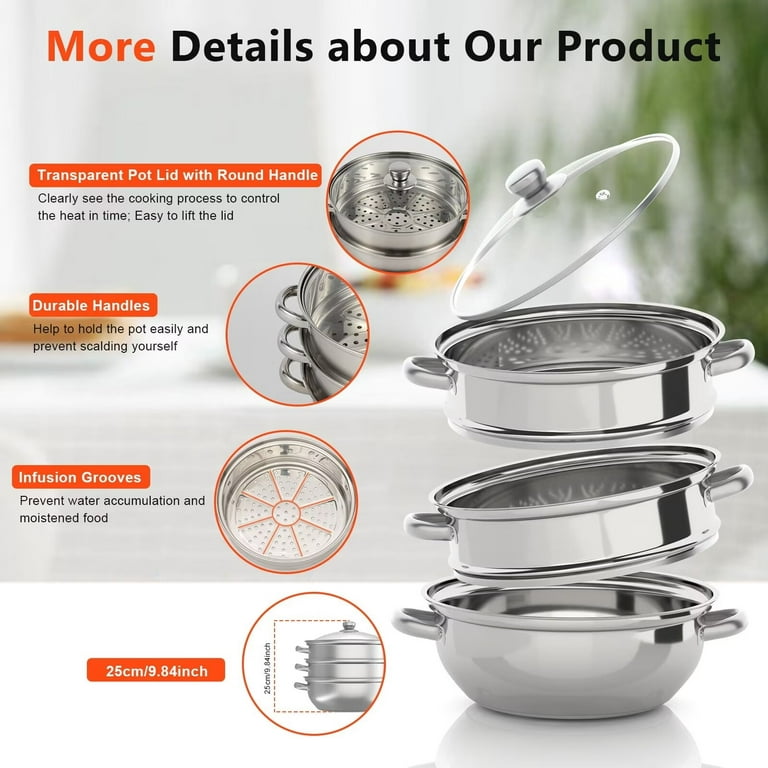 3-Tier Stainless Steel Steamer, Meat Vegetable Cooking Steam Pot Kitchen  Steamer Cooker with Handle for Steaming Tamales, Veggie, Broccoli,  Couscous